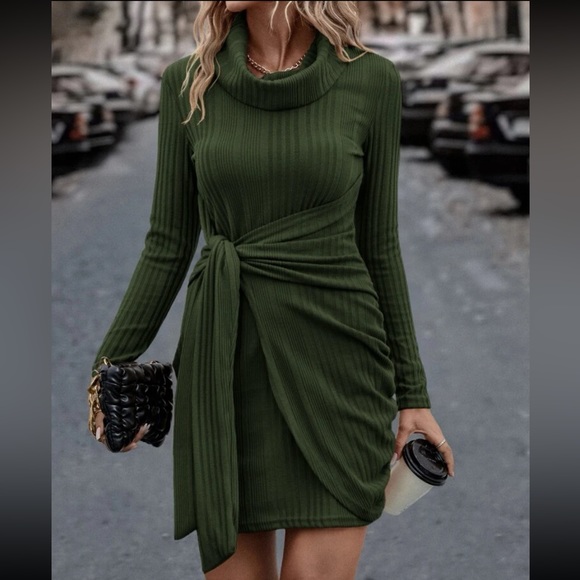 Classic Long Sleeve Cowl Neck Knot Side Wrap Hem Ribbed Dress - Picture 10 of 16